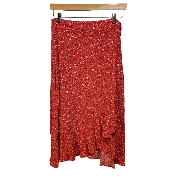Blu Pepper Dresses & Skirts - Woman's Blu Pepper Red Floral ruffled  Wrap Midi Skirt -  Size L